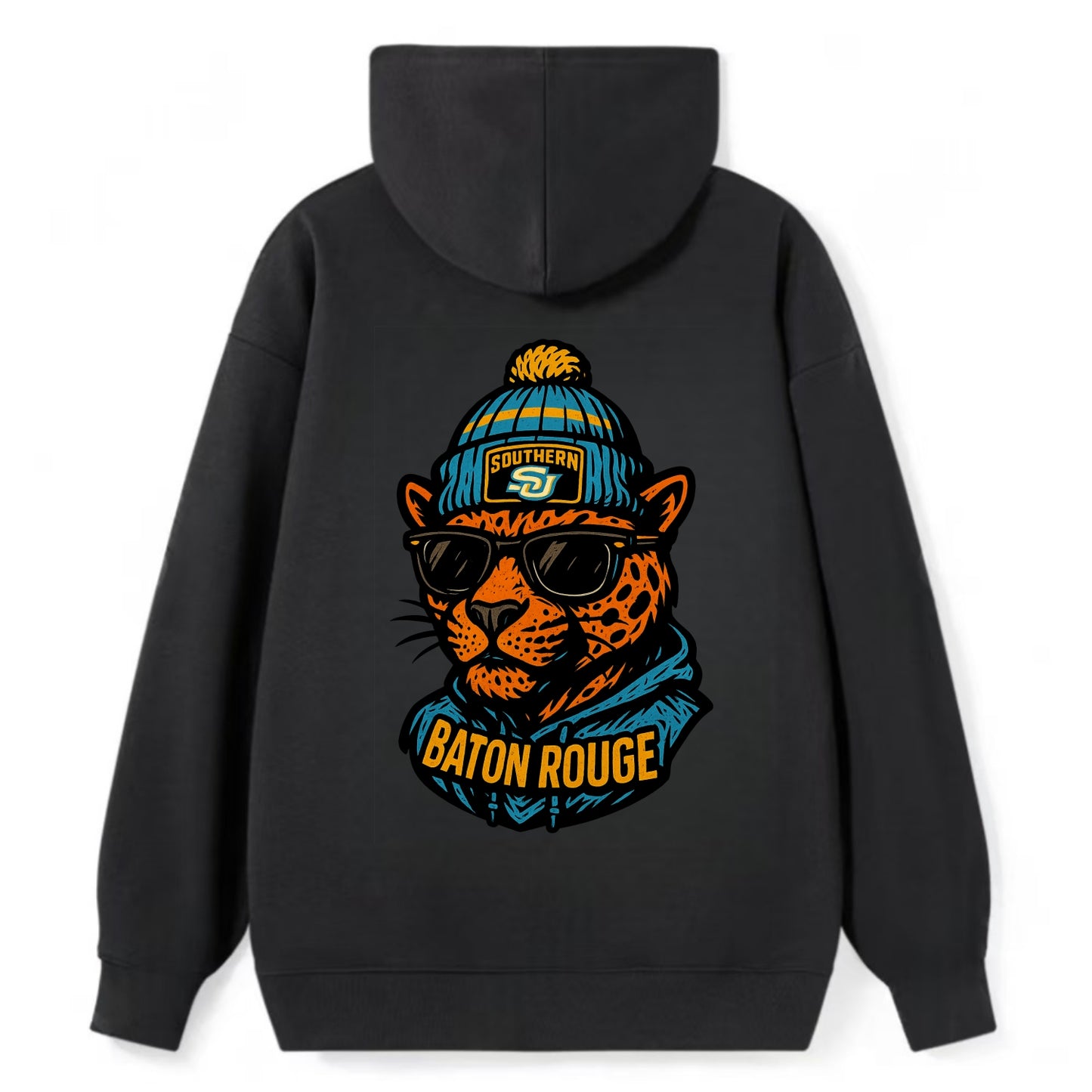 Baton Rouge Jaguar wearing Southern beanie with SU patch - Classic Pullover Hoodie - Black