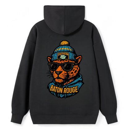 Baton Rouge Jaguar wearing Southern beanie with SU patch - Classic Pullover Hoodie - Black