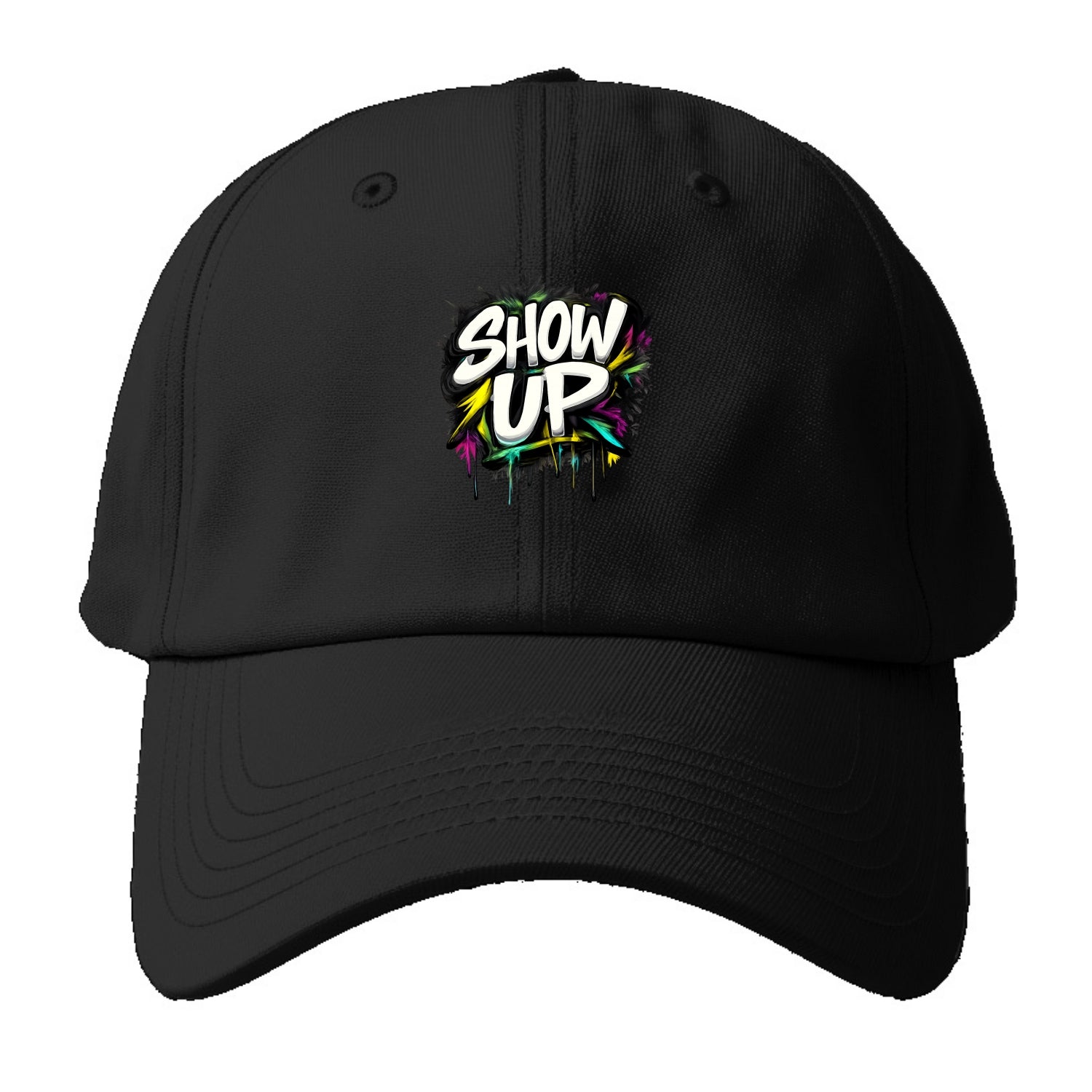 Bold typography design - "SHOW UP" - be present, arrive ready - Baseball Cap For Big Heads - Black