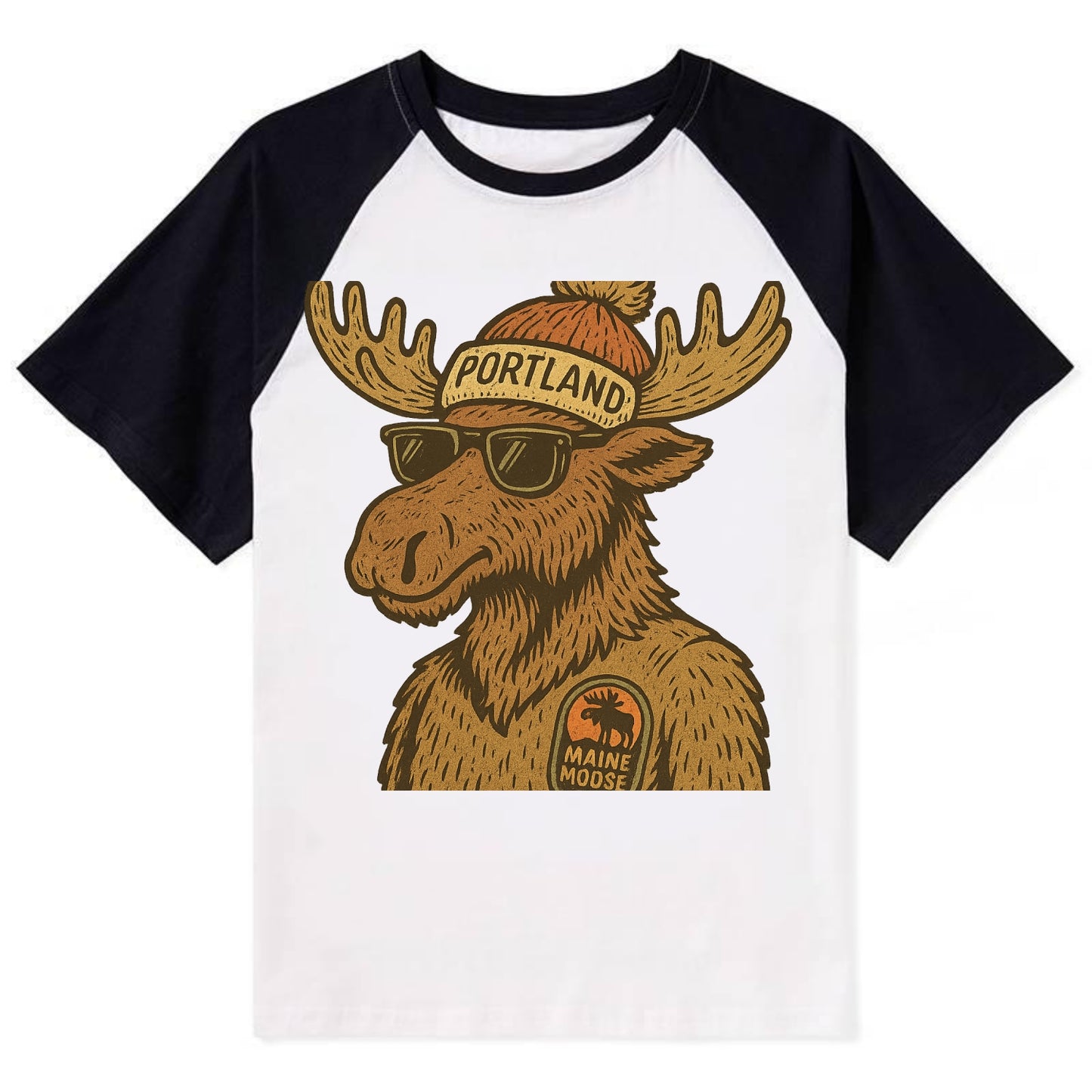 Maine Moose wearing Portland beanie with pom pom and wayfarer sunglasses - Contrast Raglan T-shirt - Black