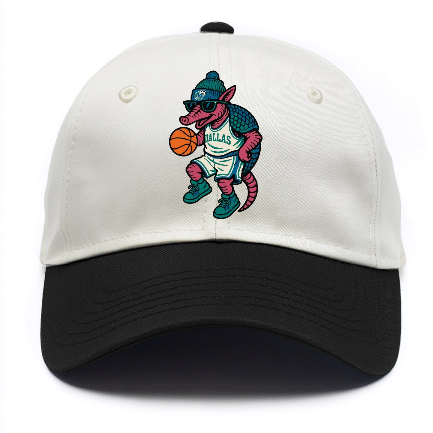 Dallas Armadillo wearing Mavericks beanie with cowboy hat patch and wayfarer - Two Tone Cap - Black