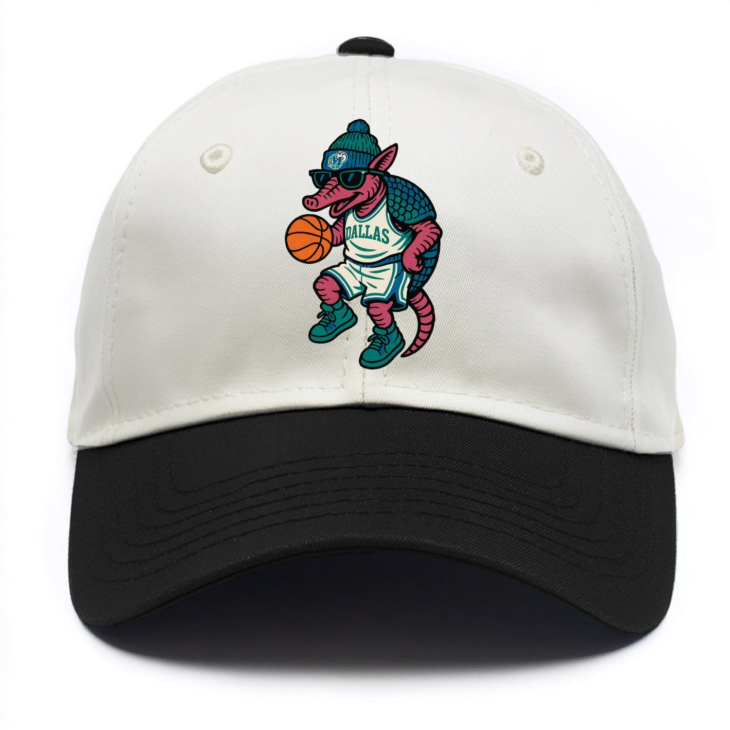 Dallas Armadillo wearing Mavericks beanie with cowboy hat patch and wayfarer - Two Tone Cap - Black