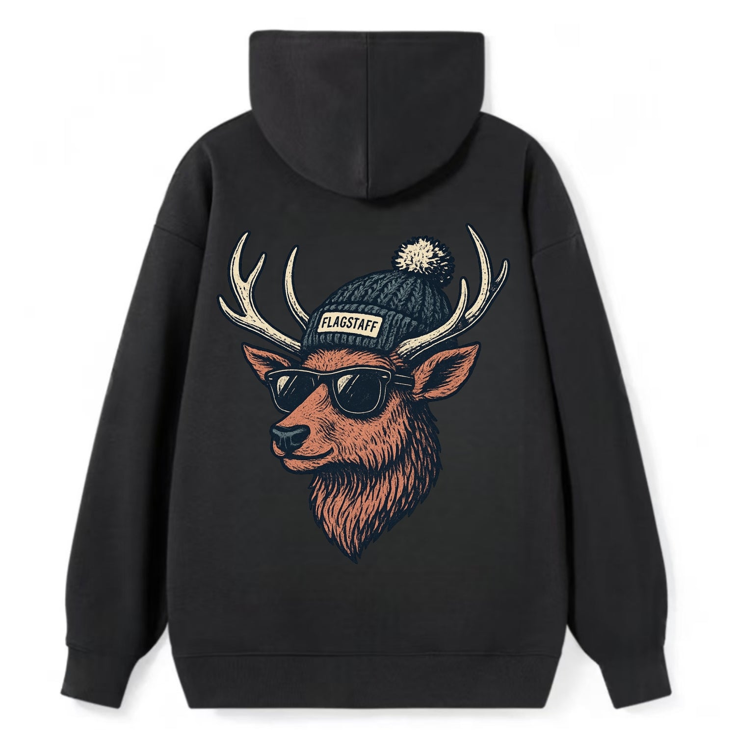 Flagstaff Elk wearing Flagstaff beanie with pom pom and wayfarer - Classic Pullover Hoodie - Black