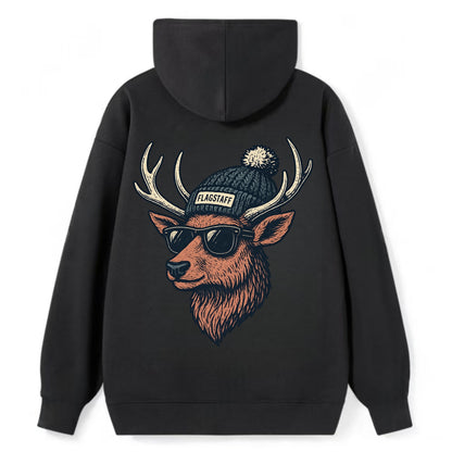 Flagstaff Elk wearing Flagstaff beanie with pom pom and wayfarer - Classic Pullover Hoodie - Black