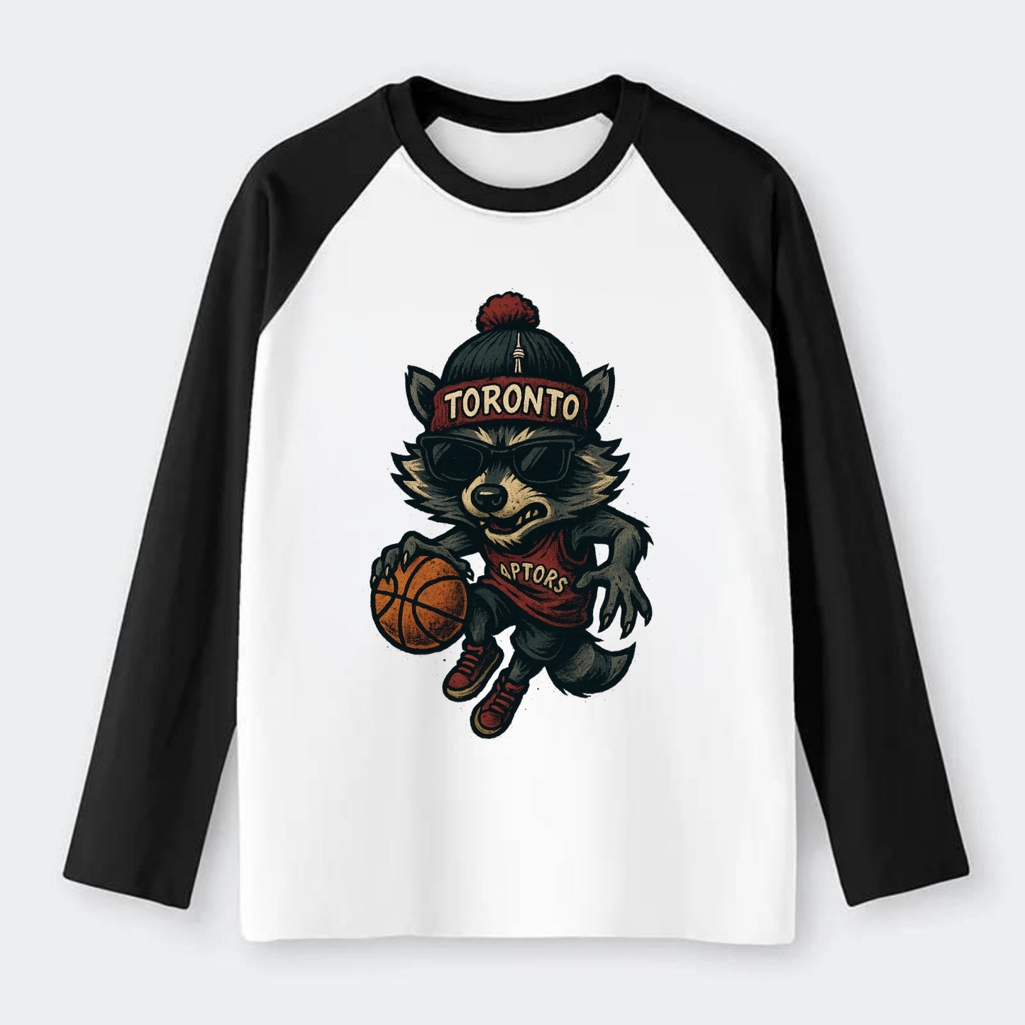 Toronto Raccoon wearing Raptors beanie with CN Tower patch and - Raglan Long Sleeve T-Shirt - Black