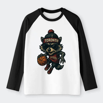 Toronto Raccoon wearing Raptors beanie with CN Tower patch and - Raglan Long Sleeve T-Shirt - Black