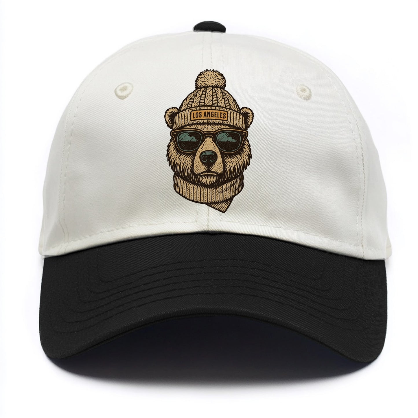 California Grizzly Bear wearing Los Angeles beanie with pom pom and wayfarer - Two Tone Cap - Black