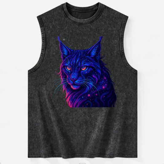 Stealthy lynx with ear tufts forming constellation patterns, nebula spots - Vintage Washed Tank - Black