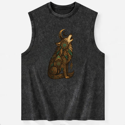 Celestial Moon Wolf  - Vintage Washed Tank - Black