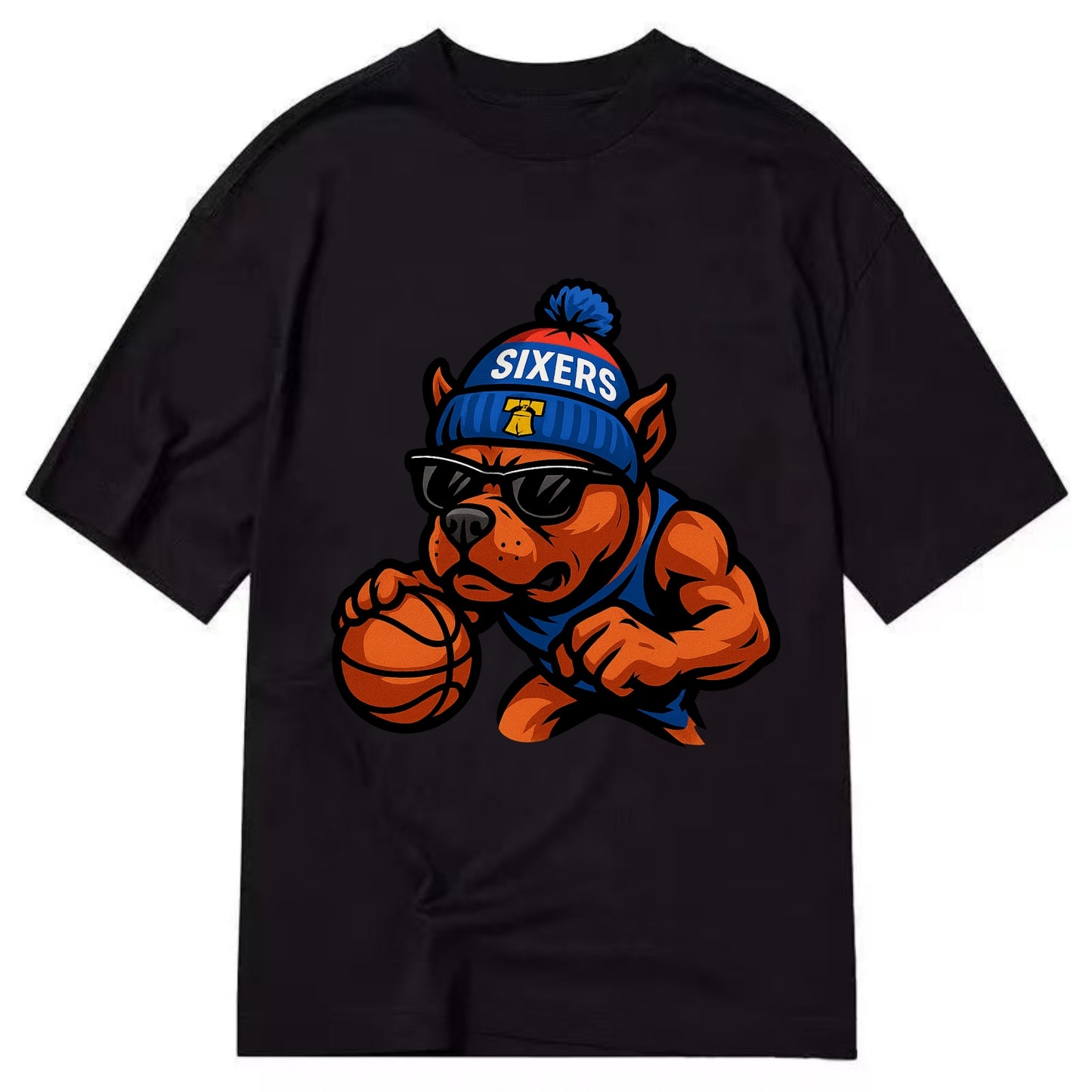 Philly Pitbull wearing Sixers beanie with Liberty Bell and wayfarer sunglasses - Classic T-shirt - Black