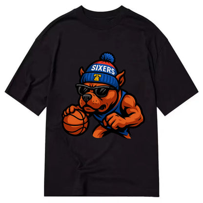 Philly Pitbull wearing Sixers beanie with Liberty Bell and wayfarer sunglasses - Classic T-shirt - Black