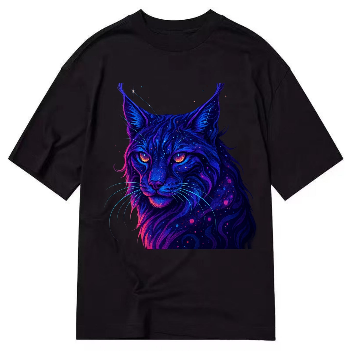 Stealthy lynx with ear tufts forming constellation patterns, nebula spots across - Classic T-shirt - Black