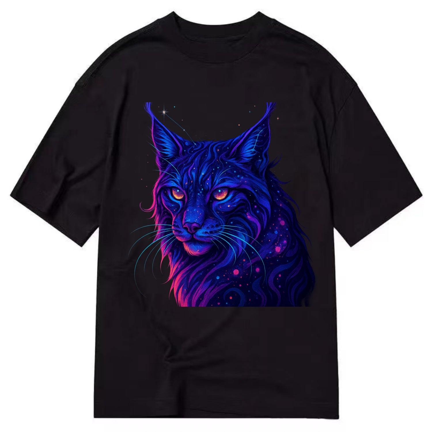 Stealthy lynx with ear tufts forming constellation patterns, nebula spots across - Classic T-shirt - Black