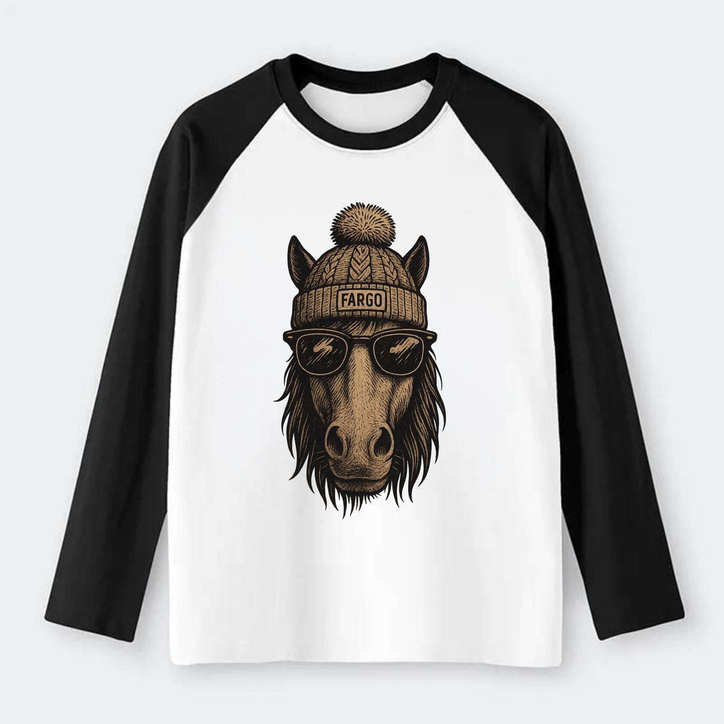 North Dakota Nokota Horse wearing Fargo beanie with pom pom and - Raglan Long Sleeve T-Shirt - Black