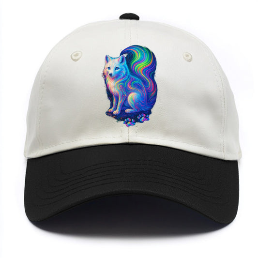 Graceful arctic fox with tail streaming aurora colors, white fur with prismatic - Two Tone Cap - Black