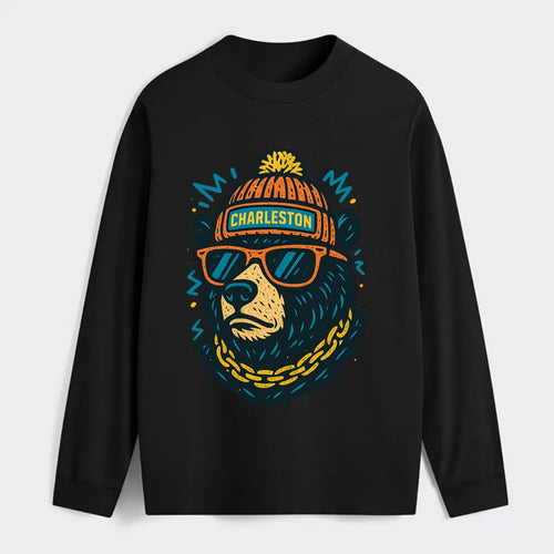 West Virginia Black Bear wearing Charleston beanie with pom pom and - Classic Long Sleeve Shirt