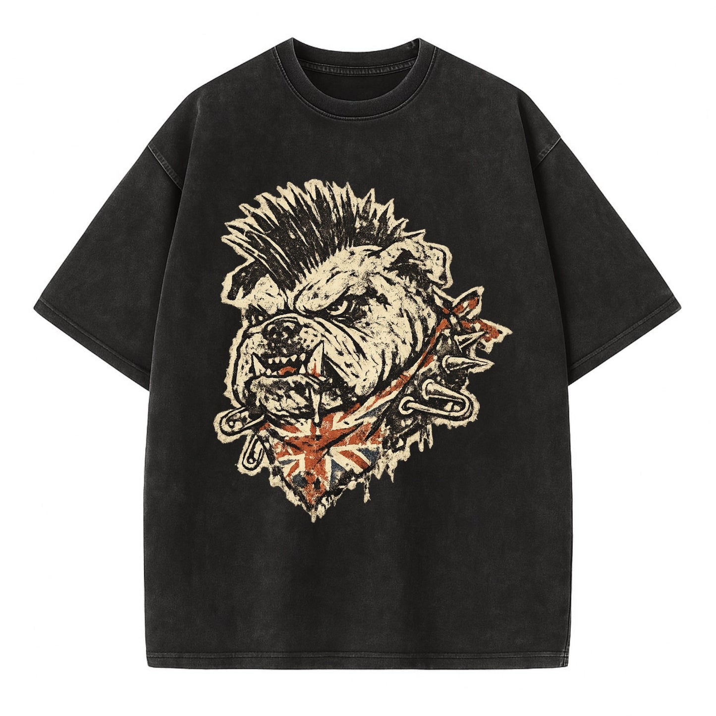 PUNK BULLDOG | British bulldog with mohawk | Safety pins through collar | Union - Vintage T-shirt - Black