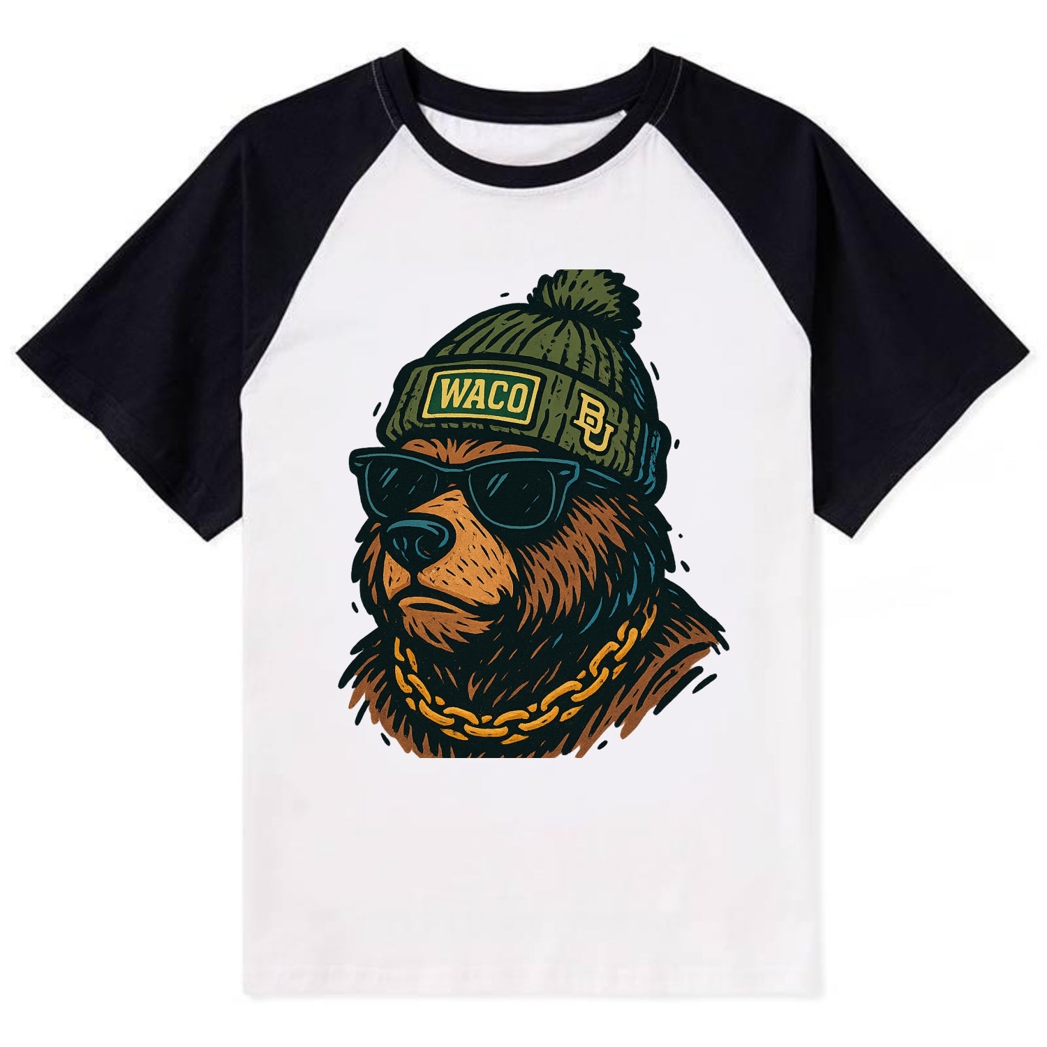 Waco Bear wearing Baylor beanie with BU patch - Contrast Raglan T-shirt - Black
