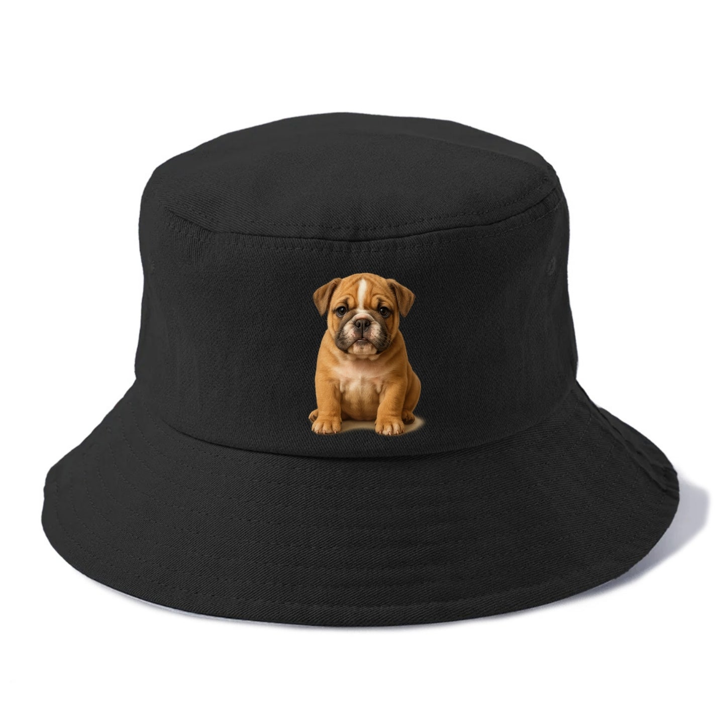 Baby Bulldog Puppy - wrinkly face, underbite, stocky body, gentle eyes, front-facing, - Bucket Hat - Black