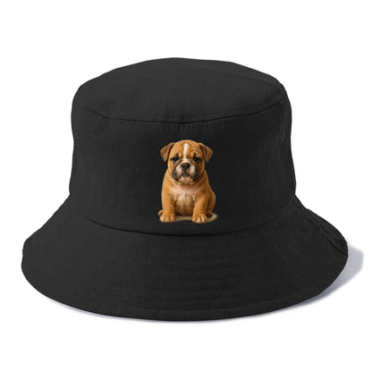 Baby Bulldog Puppy - wrinkly face, underbite, stocky body, gentle eyes, front-facing, - Bucket Hat - Black