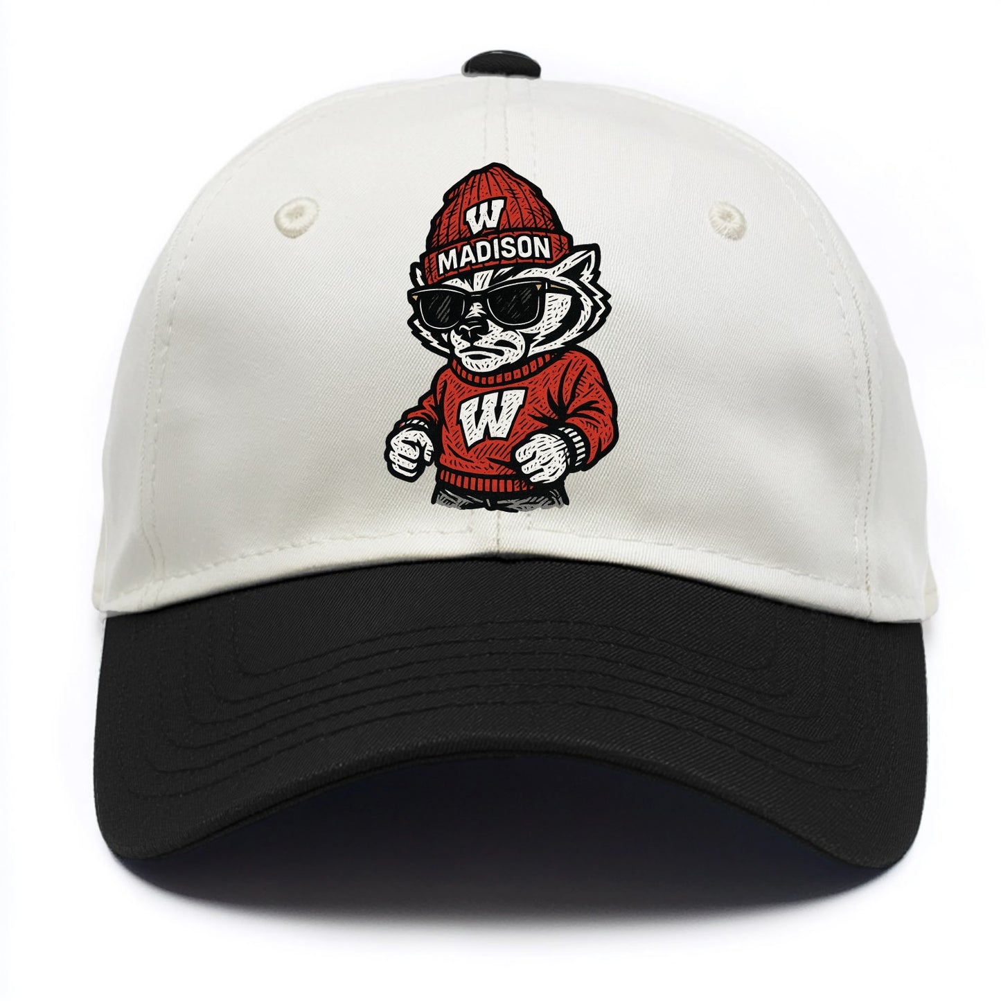 Madison Badger wearing Wisconsin beanie with motion W patch - Two Tone Cap - Black