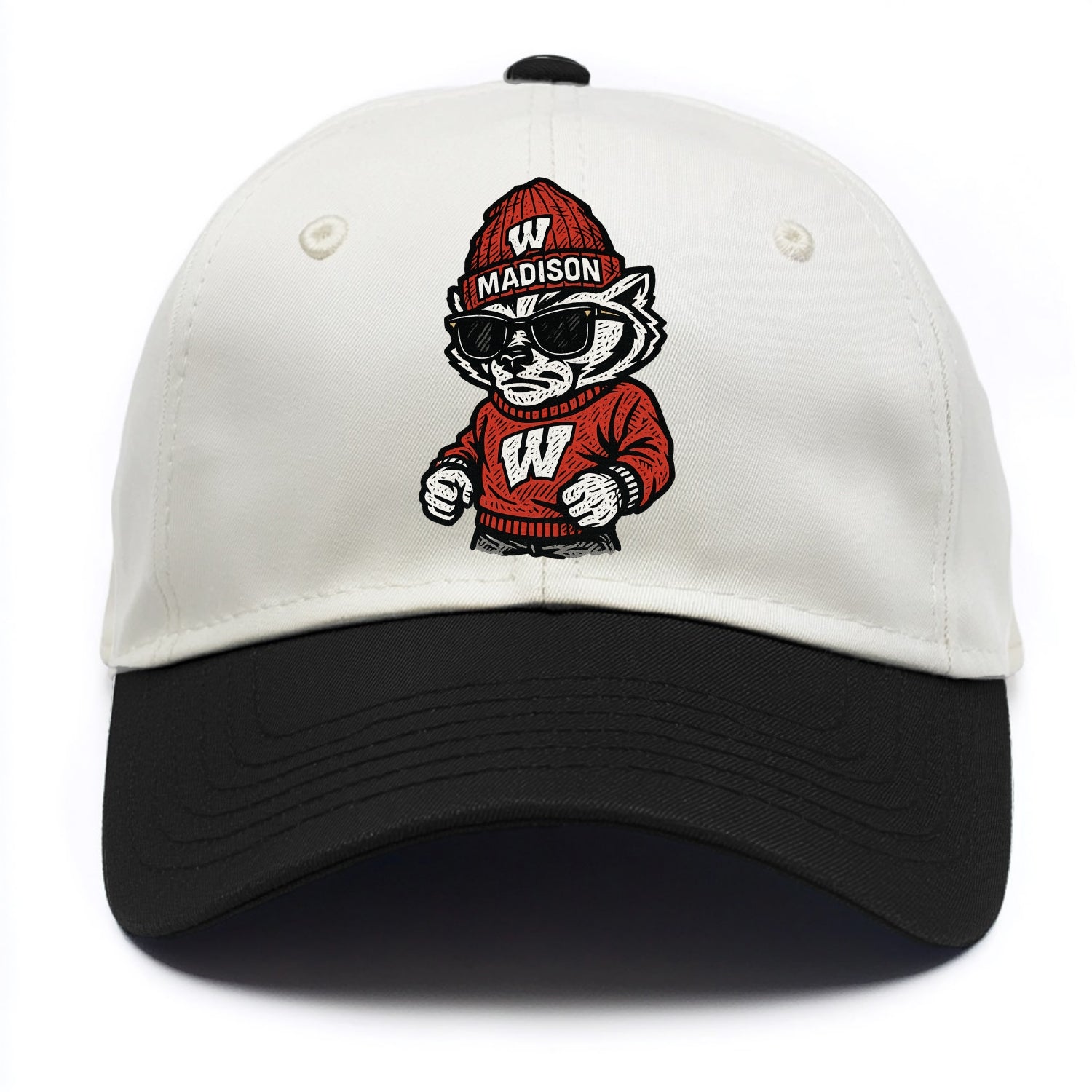 Madison Badger wearing Wisconsin beanie with motion W patch - Two Tone Cap - Black