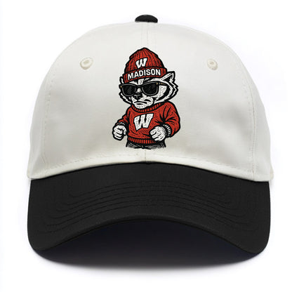 Madison Badger wearing Wisconsin beanie with motion W patch - Two Tone Cap - Black