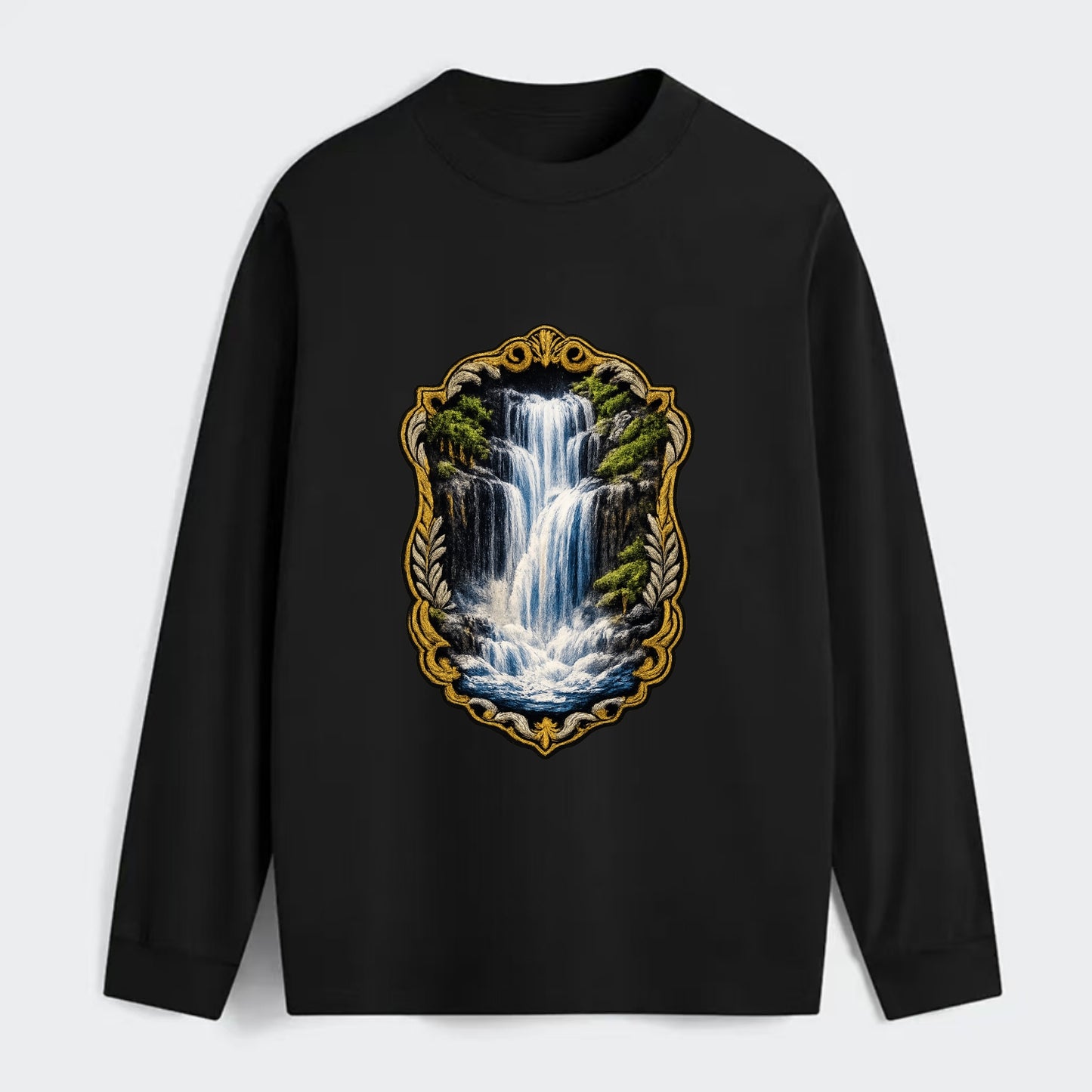 WATERFALL CASCADE - falling water with mist in blue and white , nature - Classic Long Sleeve Shirt - Black