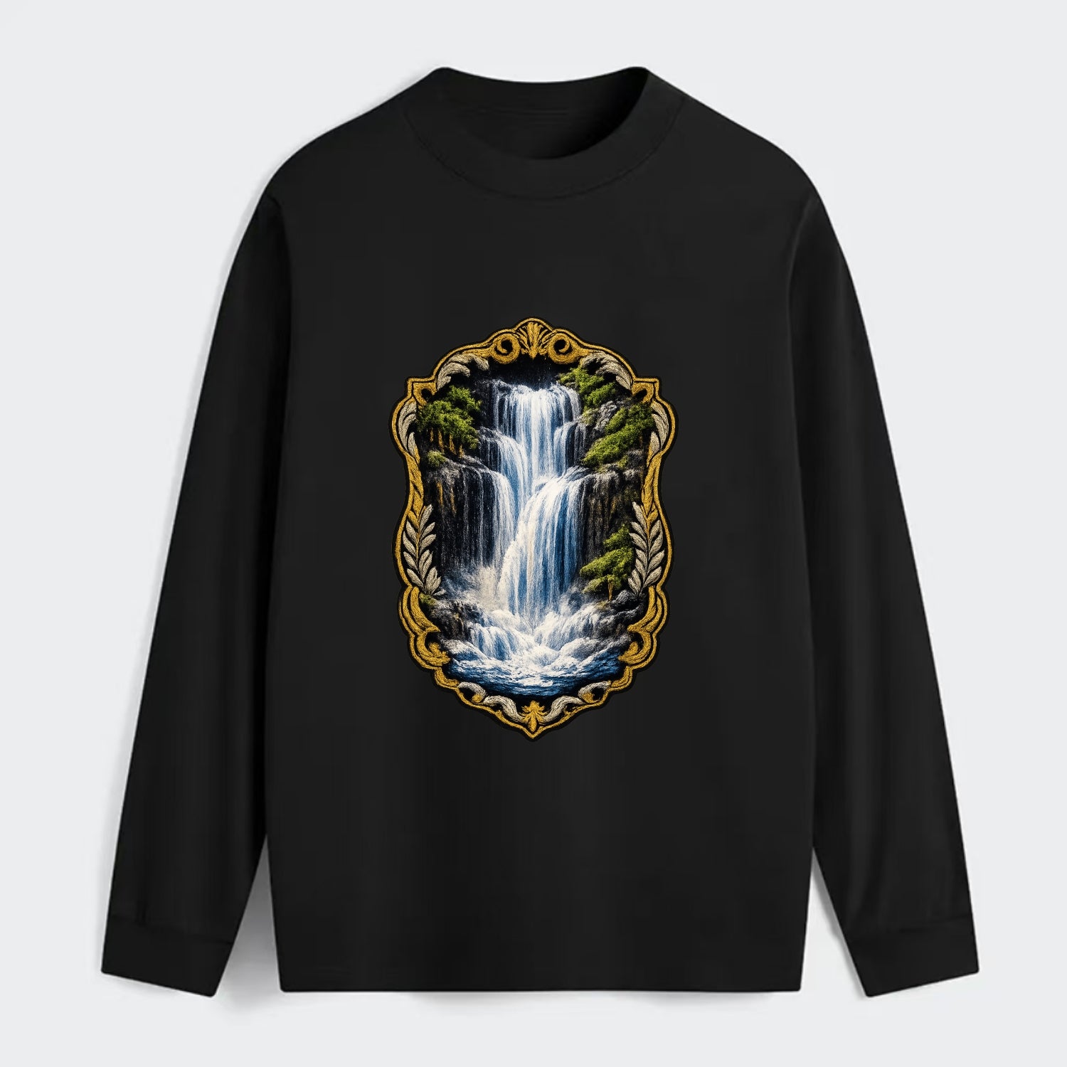 WATERFALL CASCADE - falling water with mist in blue and white , nature - Classic Long Sleeve Shirt - Black