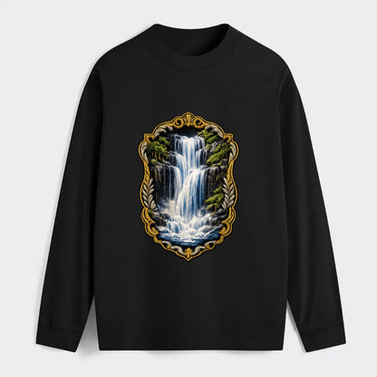 WATERFALL CASCADE - falling water with mist in blue and white , nature - Classic Long Sleeve Shirt - Black