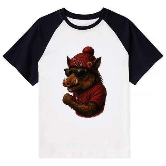 Arizona Javelina wearing Cardinals beanie with desert patch and wayfarer - Contrast Raglan T-shirt - Black