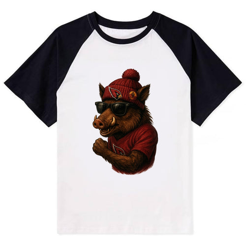 Arizona Javelina wearing Cardinals beanie with desert patch and wayfarer - Contrast Raglan T-shirt