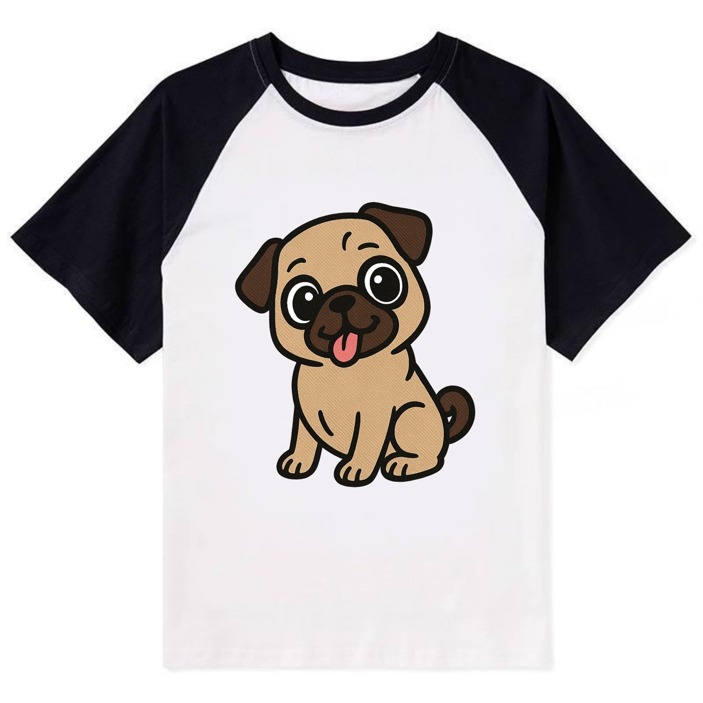 Pug - Tilted head with tongue out - Contrast Raglan T-shirt - Black