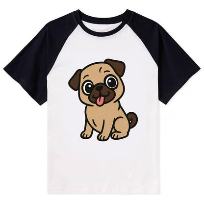 Pug - Tilted head with tongue out - Contrast Raglan T-shirt - Black