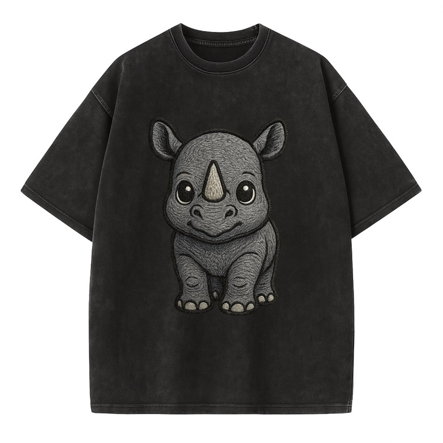 Baby Rhino - gray armor skin, tiny horn nub, round eyes, front-facing, tank baby - Vintage T-shirt - Black