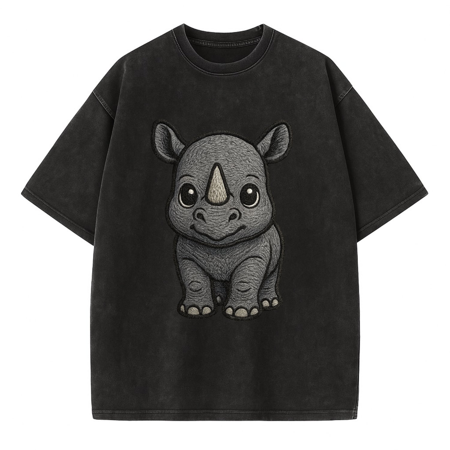 Baby Rhino - gray armor skin, tiny horn nub, round eyes, front-facing, tank baby - Vintage T-shirt - Black
