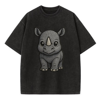 Baby Rhino - gray armor skin, tiny horn nub, round eyes, front-facing, tank baby - Vintage T-shirt - Black