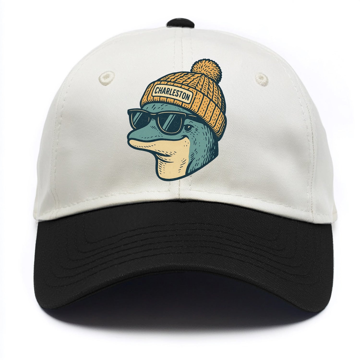Charleston Dolphin wearing Charleston beanie with pom pom and wayfarer sunglasses - Two Tone Cap - Black