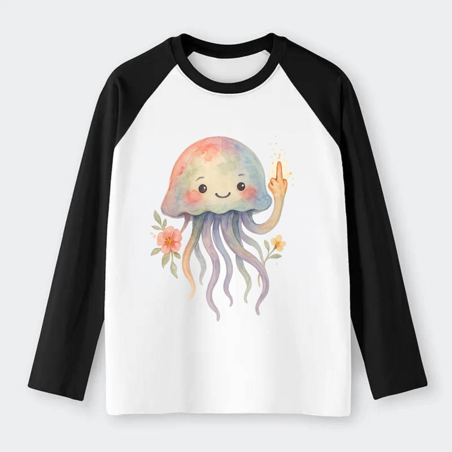 jellyfish with kawaii face and tentacles, one tentacle pointing up - Raglan Long Sleeve T-Shirt - Black