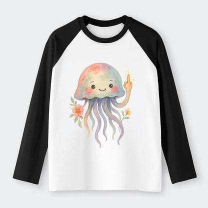 jellyfish with kawaii face and tentacles, one tentacle pointing up - Raglan Long Sleeve T-Shirt - Black