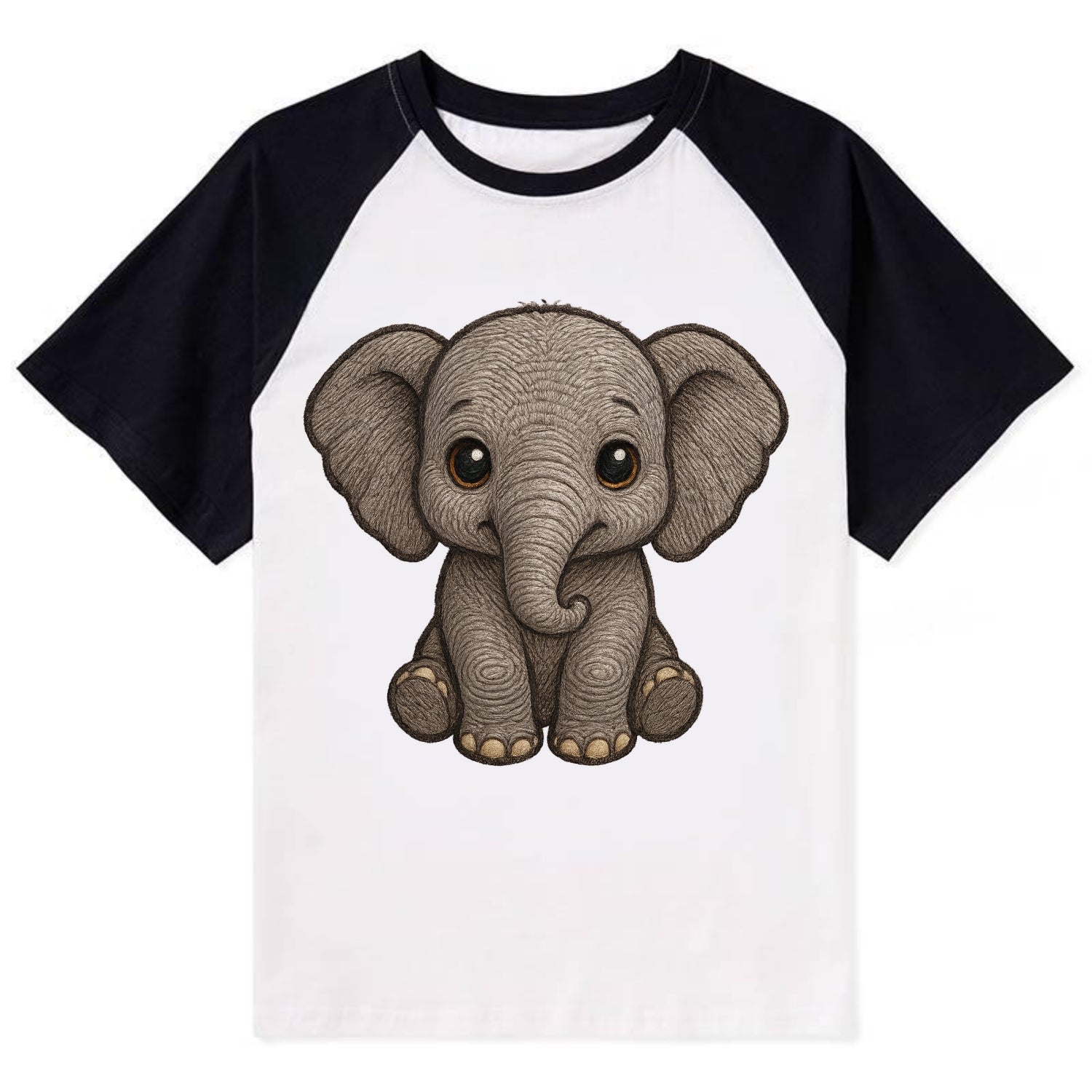 Baby Elephant - gray wrinkly, tiny trunk, large floppy ears, kind dark - Contrast Raglan T-shirt - Black