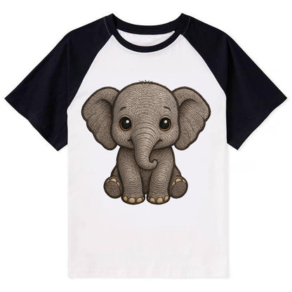 Baby Elephant - gray wrinkly, tiny trunk, large floppy ears, kind dark - Contrast Raglan T-shirt - Black