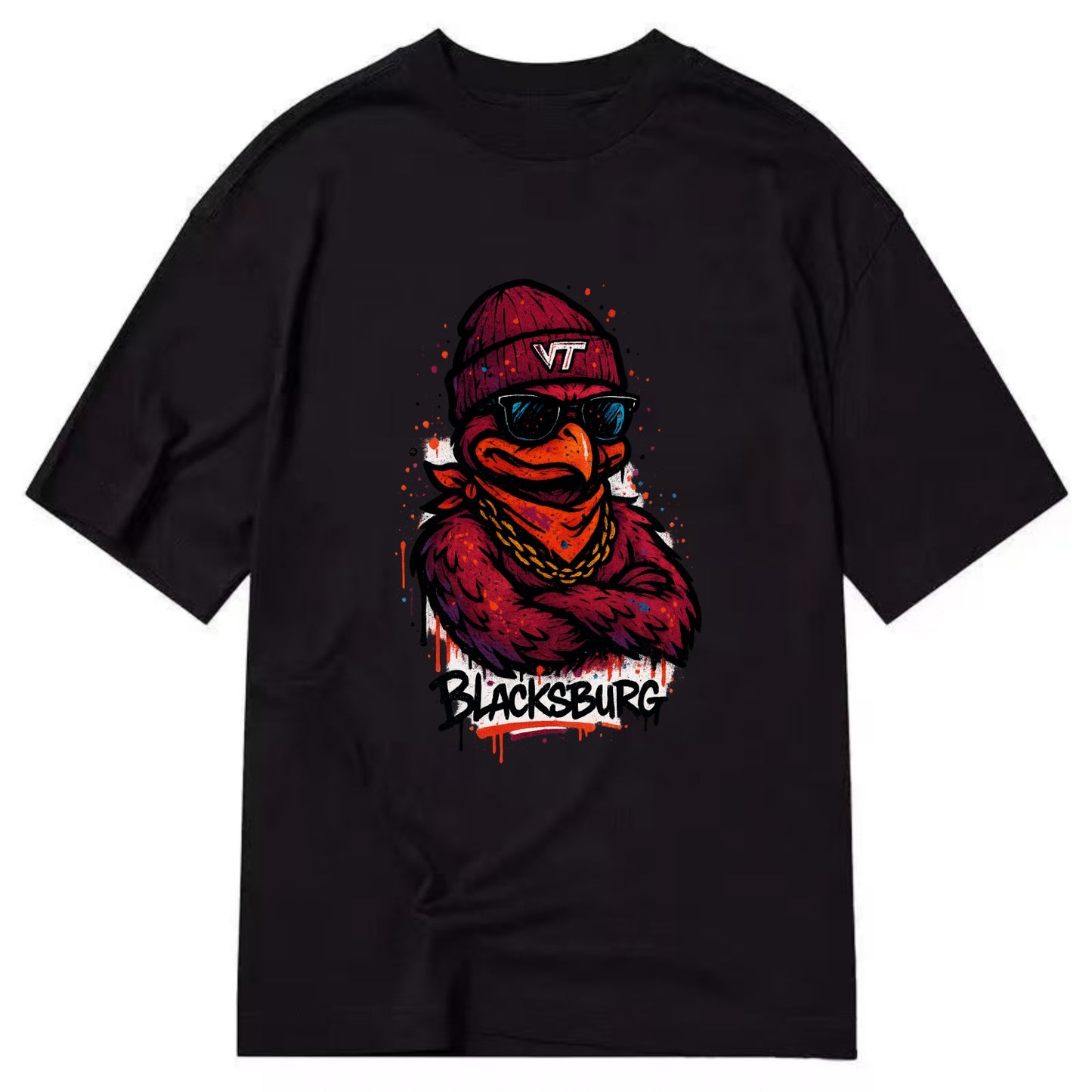 Blacksburg HokieBird wearing Virginia Tech beanie with VT patch - Classic T-shirt - Black