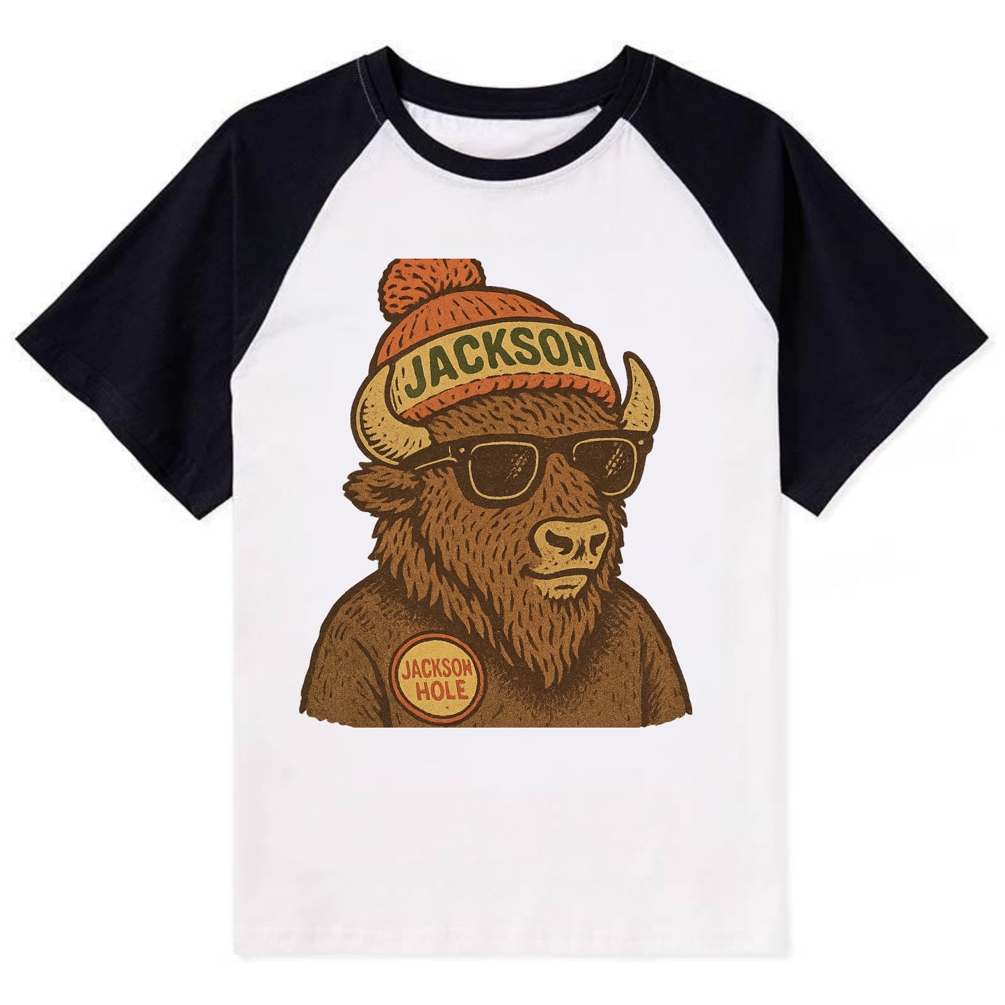Jackson Hole Bison wearing Jackson beanie with pom pom and wayfarer - Contrast Raglan T-shirt - Black