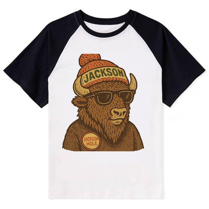 Jackson Hole Bison wearing Jackson beanie with pom pom and wayfarer - Contrast Raglan T-shirt - Black