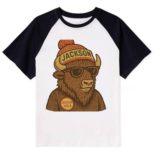 Jackson Hole Bison wearing Jackson beanie with pom pom and wayfarer - Contrast Raglan T-shirt