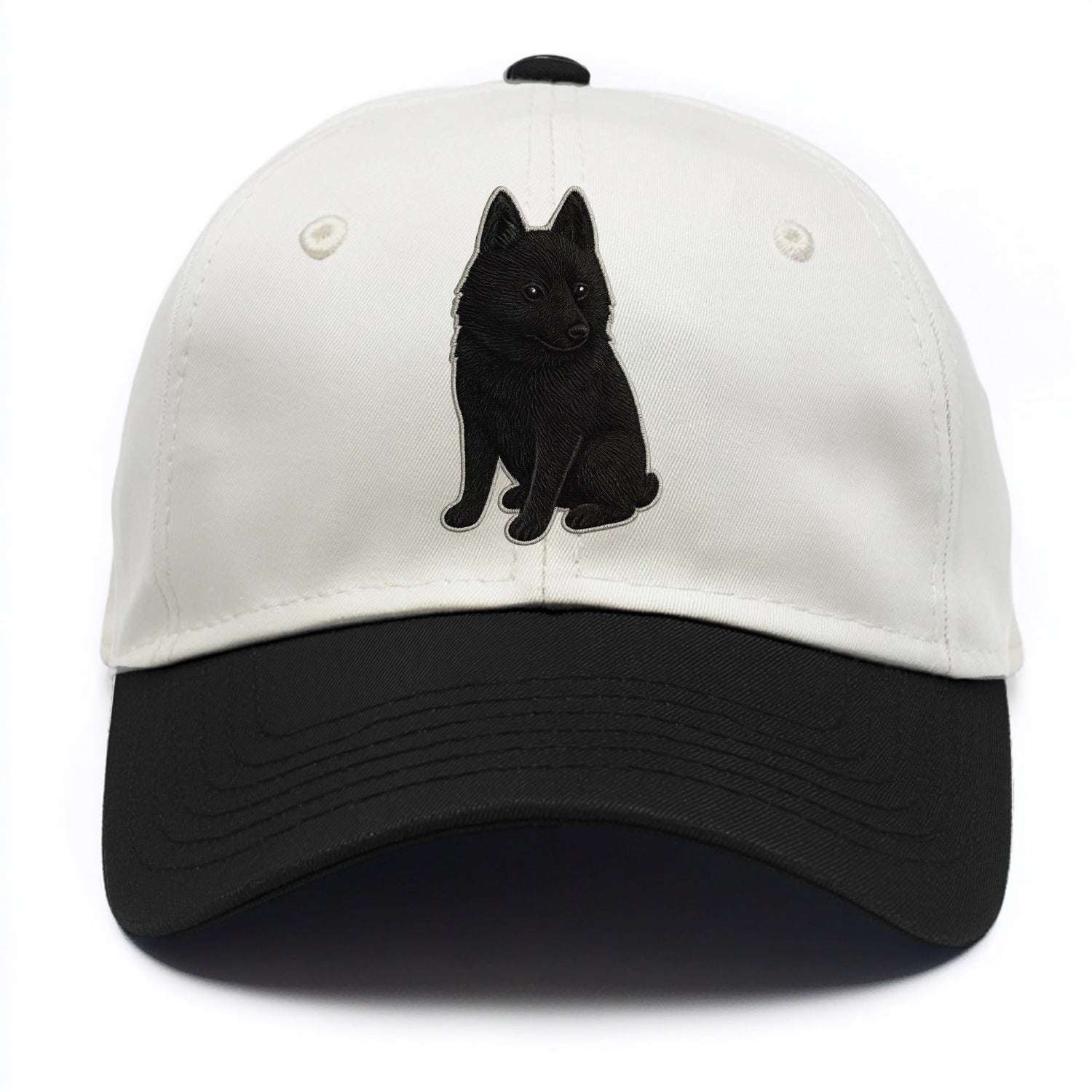 Schipperke - Solid black small embroidered sitting pose - Two Tone Cap - Black