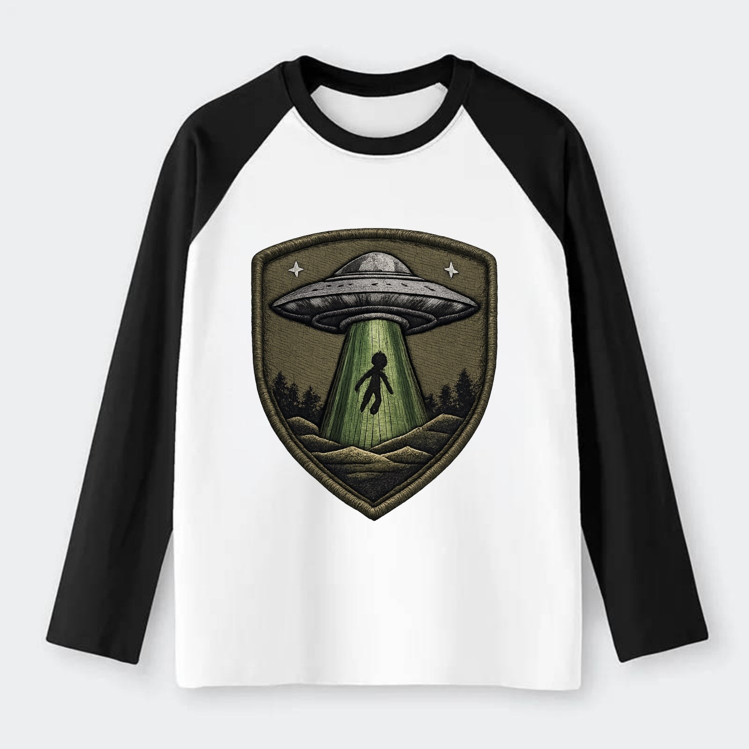 UFO ALIEN - flying saucer with beam in silver and green , - Raglan Long Sleeve T-Shirt - Black