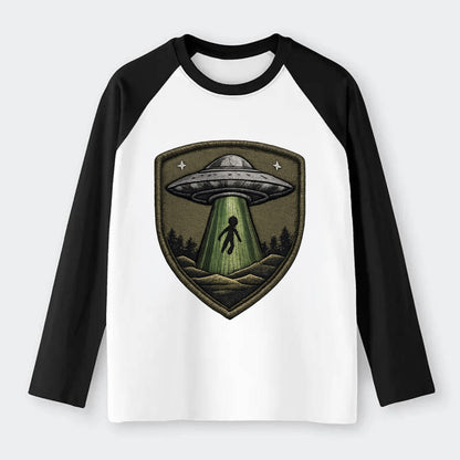 UFO ALIEN - flying saucer with beam in silver and green , - Raglan Long Sleeve T-Shirt - Black