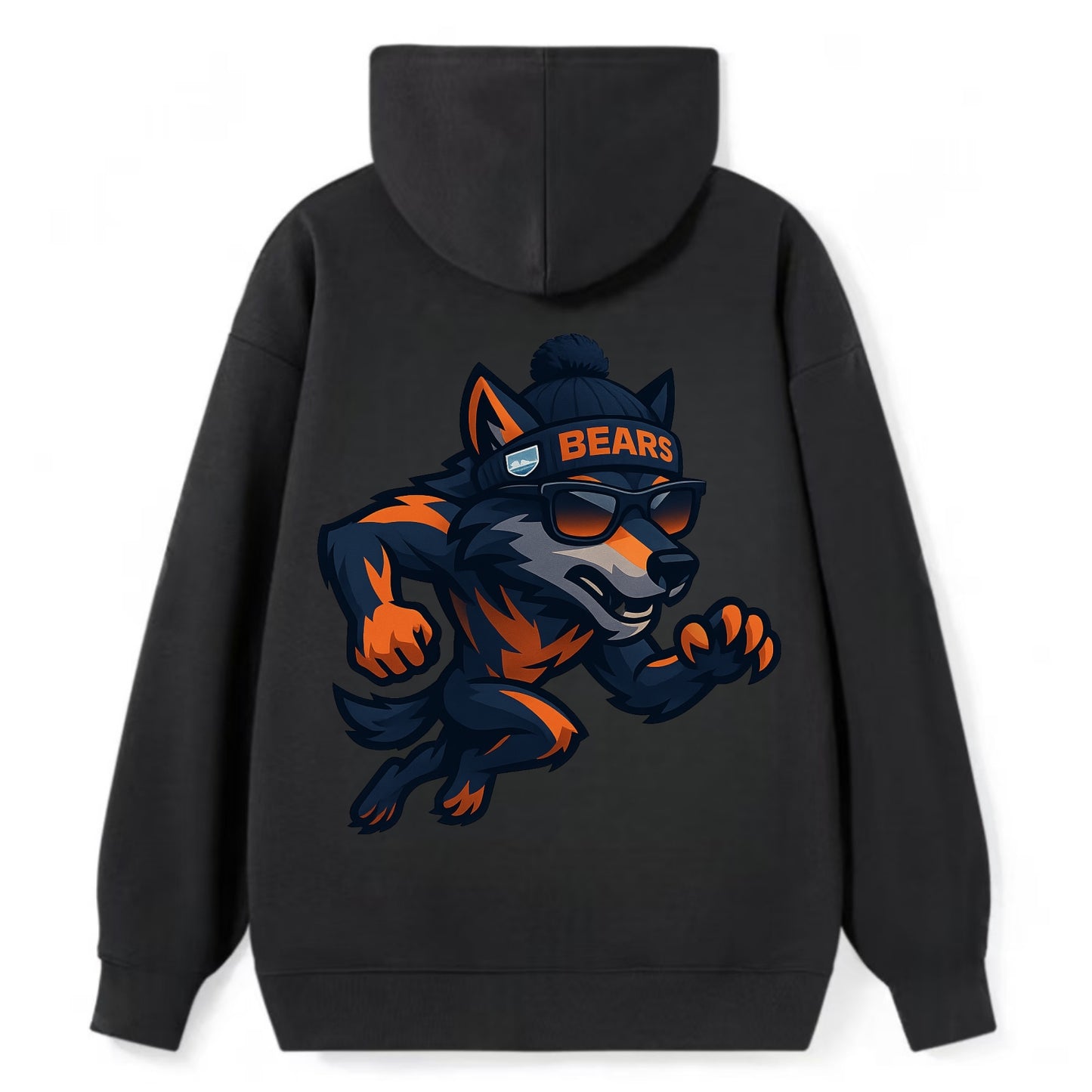 Chicago Wolf wearing Bears beanie with Lake Michigan patch and wayfarer - Classic Pullover Hoodie - Black